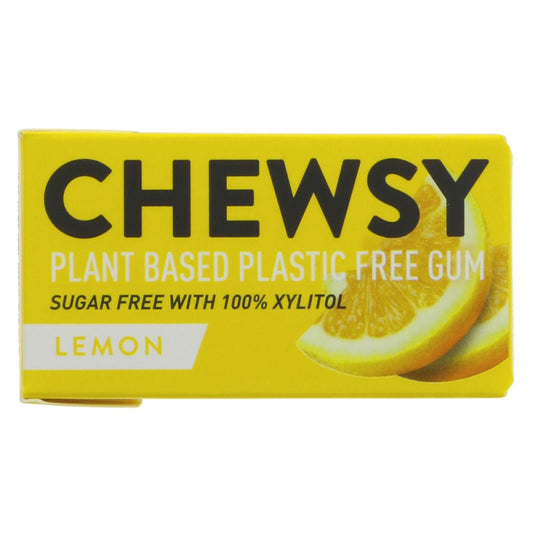 Yellow box of Chewsy lemon-flavored gum on a white background