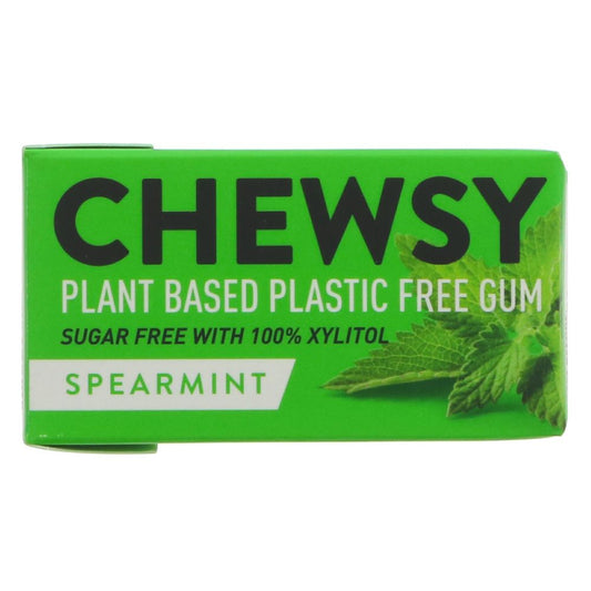 Green packaging of Chewsy spearmint gum with text about plant-based, plastic-free, and sugar-free gum.