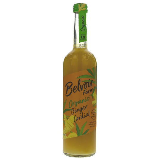 Bottle of Belvoir Farm Organic Ginger Cordial on a white background