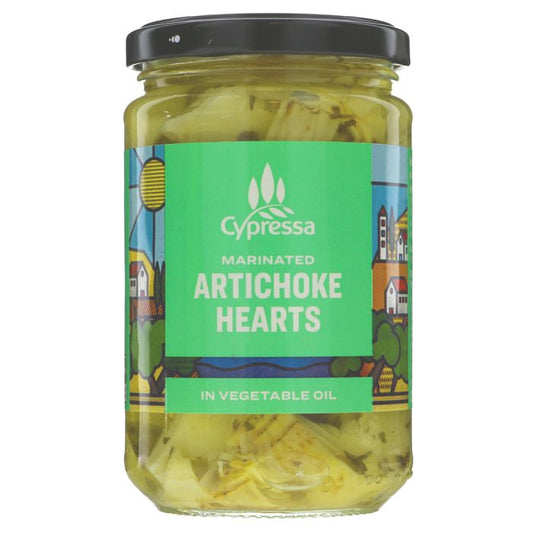 A glass jar of Cypressa Marinated Artichoke Hearts in vegetable oil, featuring a bright green label and a black lid, set against a plain white background.