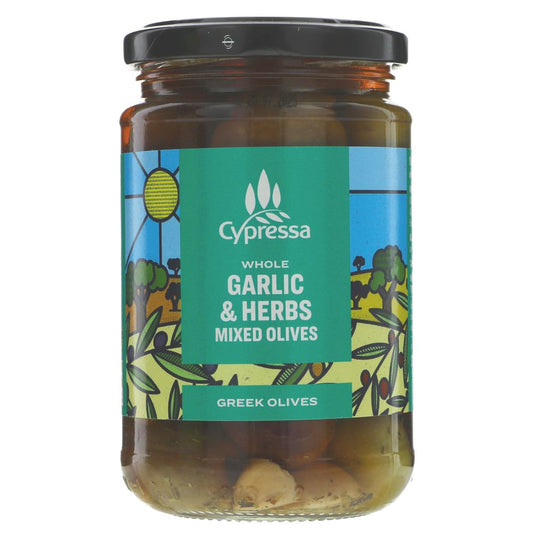 Jar of Cypressa whole garlic & herbs mixed olives on a white background
