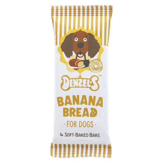 A single wrapped dog treat bar package labeled Denzel's Banana Bread for Dogs, with a white wrapper, gold striped top and bottom, and a cartoon dachshund holding a banana.