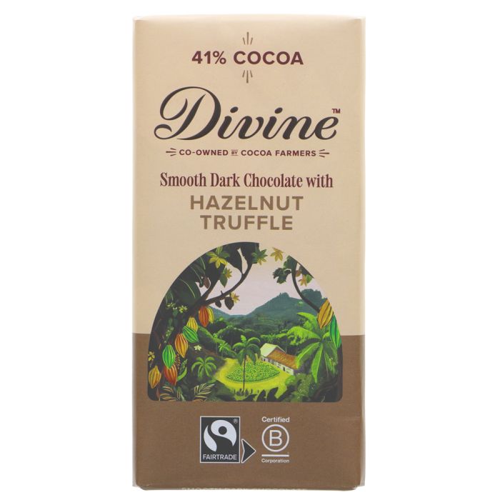 A bar of Divine 41% Cocoa Smooth Dark Chocolate with Hazelnut Truffle, featuring a beige and brown wrapper with a colorful cocoa plantation illustration and certification logos at the bottom.