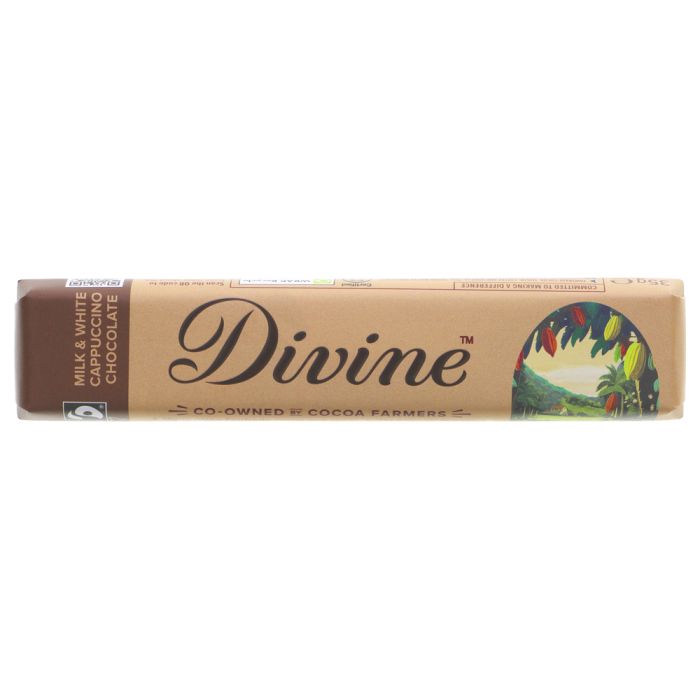 A bar of Divine Milk & White Cappuccino Chocolate on a plain white background.