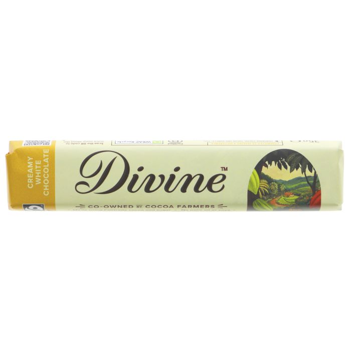 A bar of Divine Creamy Chocolate on a plain white background. The packaging is cream-colored with a yellow band on the left side indicating 'Creamy Chocolate' and a small scenic illustration on the right.