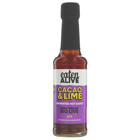 Bottle of Cacao & Lime hot sauce with a purple label on a white background