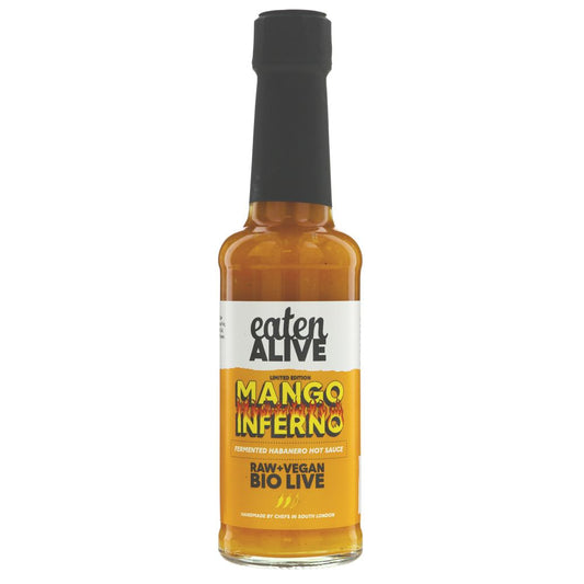Bottle of 'Eaten Alive Mango Inferno' hot sauce on a white background