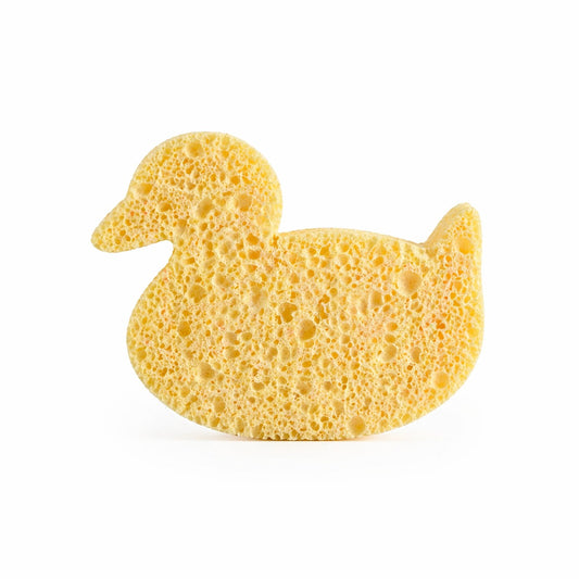 Yellow duck-shaped sponge on a white background