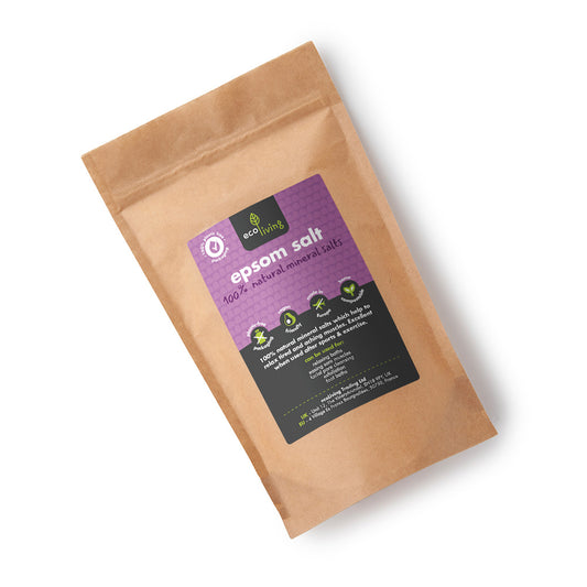 Kraft paper packaging of Epsom salt with a purple label on a white background