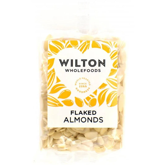 Pack of Wilton Wholefoods flaked almonds on a white background