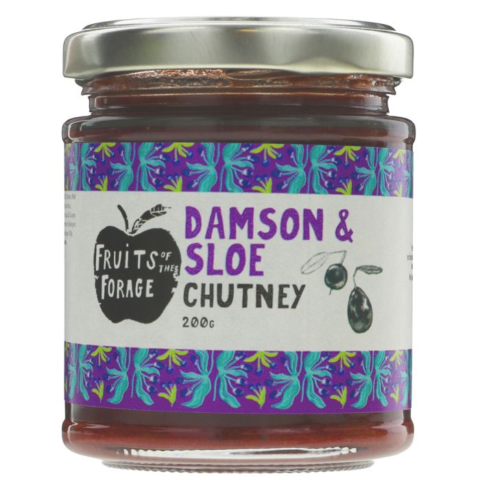 A glass jar of Damson & Sloe Chutney with a silver metal lid and a colorful label featuring purple, teal, and white patterns, on a white background.