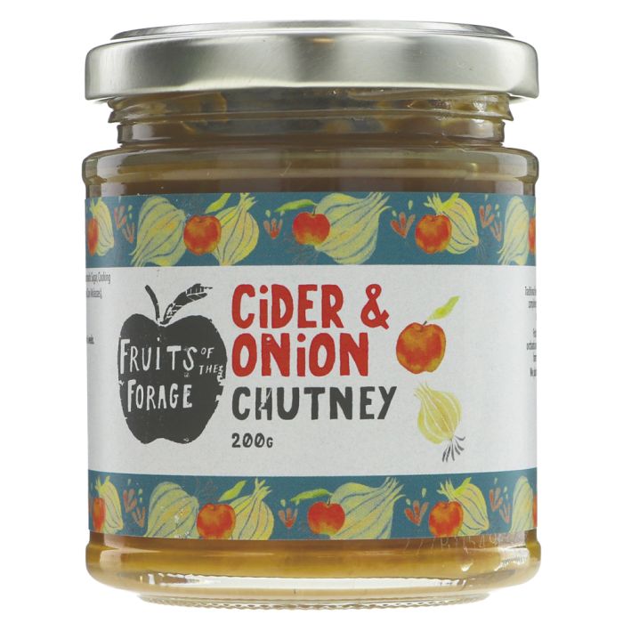 Jar of cider and onion chutney with a colorful label on a white background