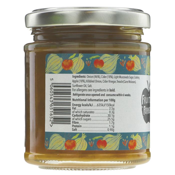 A glass jar of Fruit of the Loom onion and cider light muccaccine spread, showing the back label with ingredients, nutrition facts, and barcode against a white background.