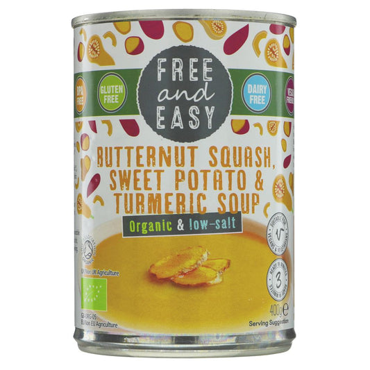 Can of Free and Easy Butternut Squash, Sweet Potato & Turmeric Soup on a white background