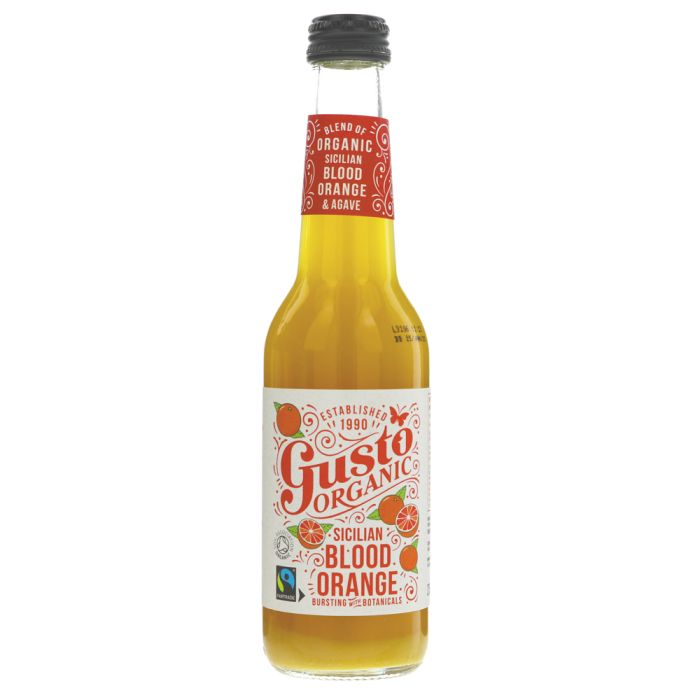 A bottle of Gusto Organic Sicilian Blood Orange soda, featuring a white label with red and orange illustrations, filled with a golden-orange liquid, and sealed with a black cap on a white background.