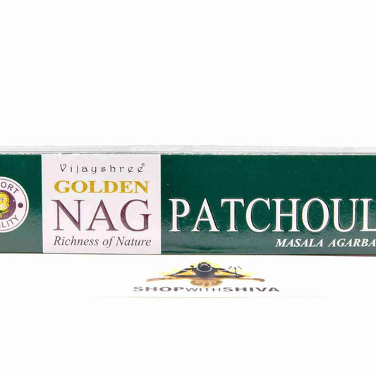 Box of Golden Nag Patchouli incense with branding on a white background