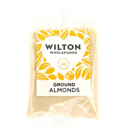 Bag of Wilton Wholefoods ground almonds on a white background