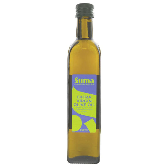 Bottle of Suma extra virgin olive oil on a white background