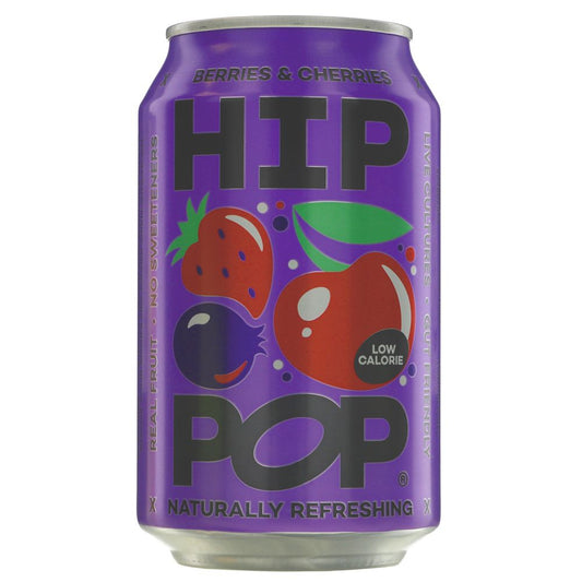 Purple can of HIP POP with berries and cherries on a white background