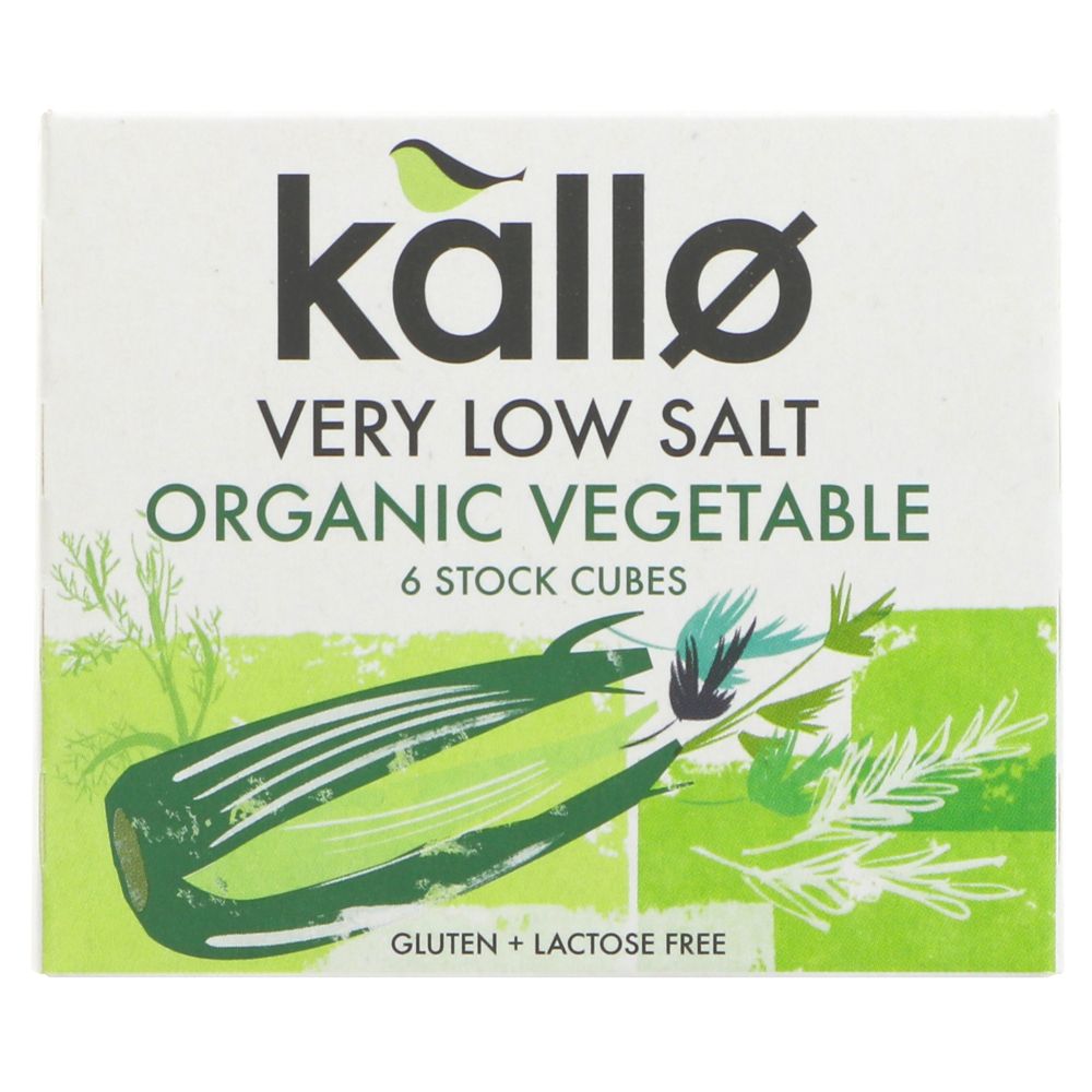 Box of Kallo very low salt organic vegetable stock cubes on a white background
