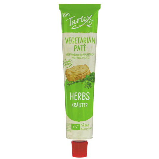 Tube of Tartex Vegetarian Páté Herbs on a white background