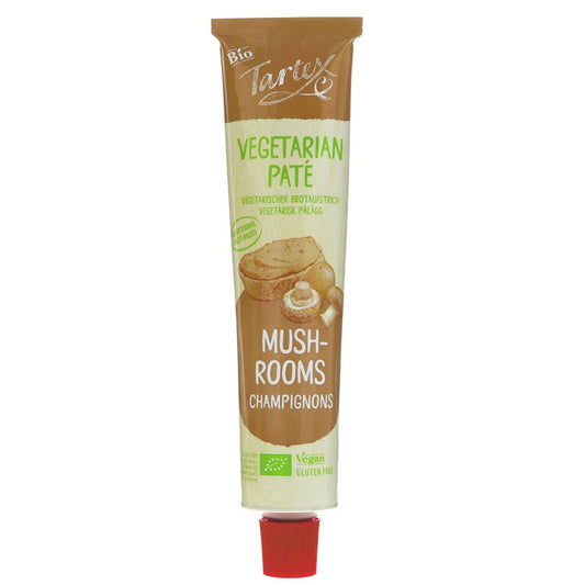 Tube of Tarteux Vegetarian Pate with mushrooms on a white background