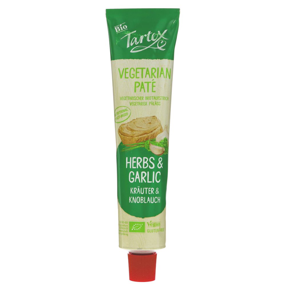 Tartex Vegetarian Páté Herbs & Garlic tube on a white background