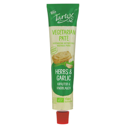 Tartex Vegetarian Páté Herbs & Garlic tube on a white background