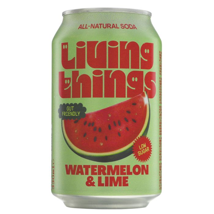 Green can of Living Things watermelon and lime soda on a white background