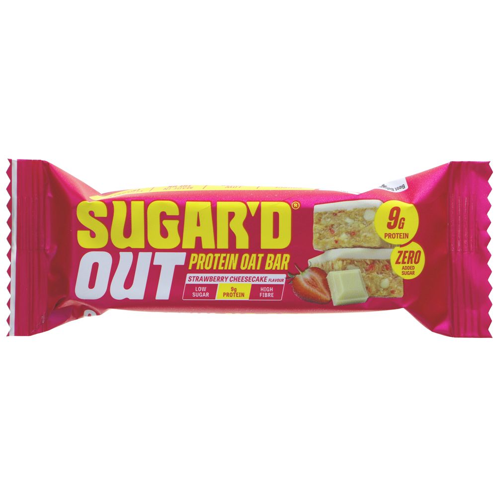 Pink packaging of a protein oat bar with visible text and images on a white background