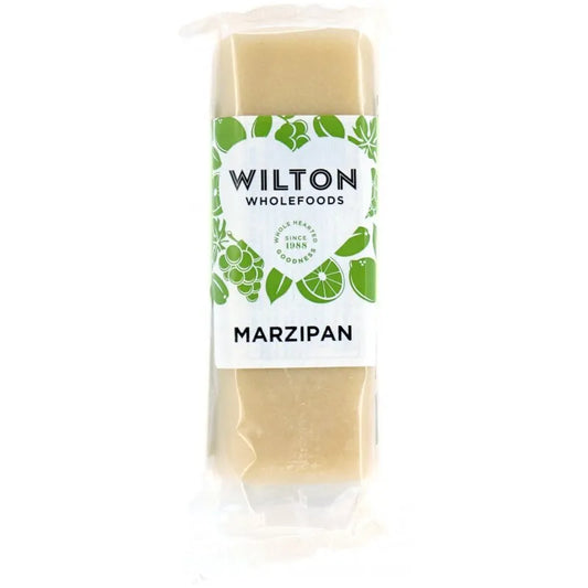 Packaged marzipan with Wilton Wholefoods label on a white background