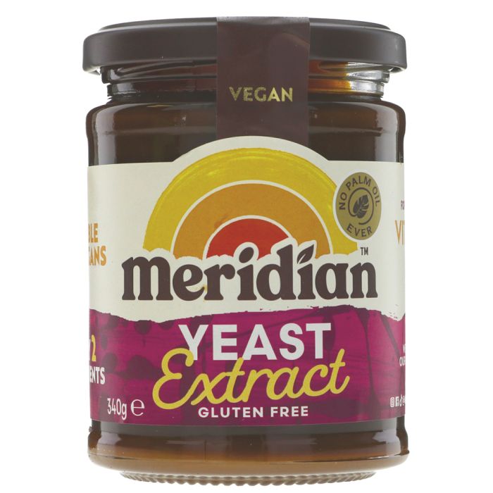 A glass jar of Meridian Yeast Extract Gluten Free, featuring a dark brown lid, a dark brown vegan tab, and a label with a cream top half, a yellow/orange sun graphic, and a purple bottom half.