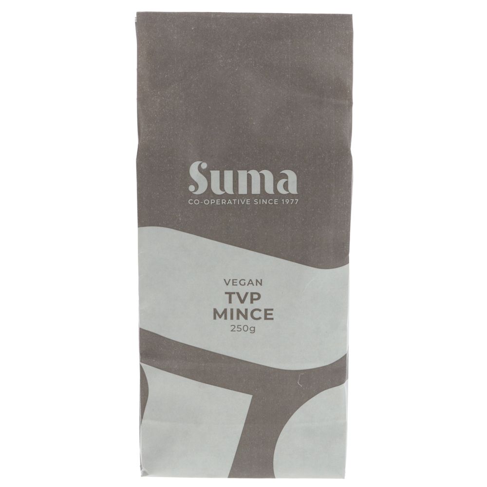 Package of Suma Vegan TVP Mince on a white background