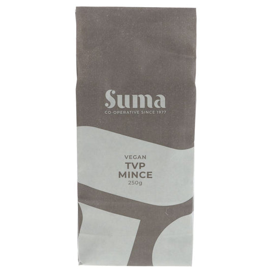 Package of Suma Vegan TVP Mince on a white background