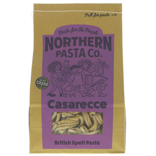 paper pasta bag with pasta on white background