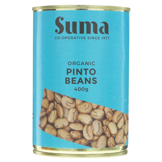 Can of Suma Organic Pinto Beans with blue label and gold accents