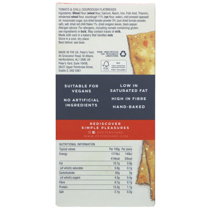 Back packaging panel of a Rediscove Simple Pleasures Tomato & Chilli Bourdoux Flatbread, showing ingredients, nutritional information, and a photo of a flatbread with tomato and chili spread.
