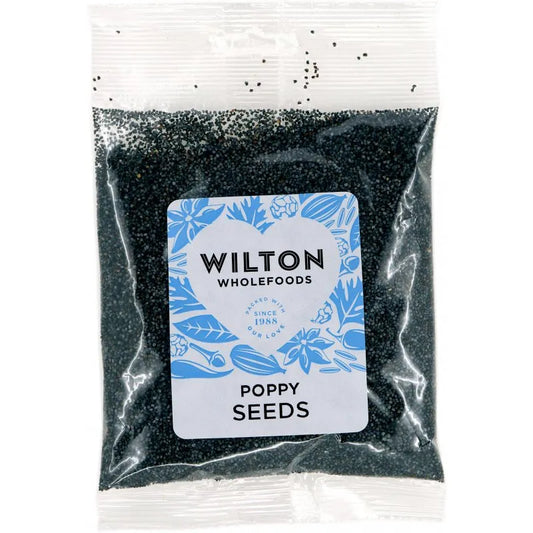 Bag of poppy seeds with a Wilton Wholefoods label on a white background