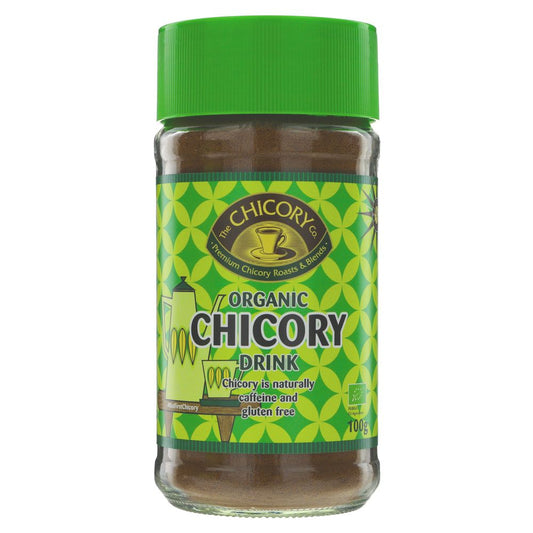 Jar of organic chicory drink with green lid and label on a white background