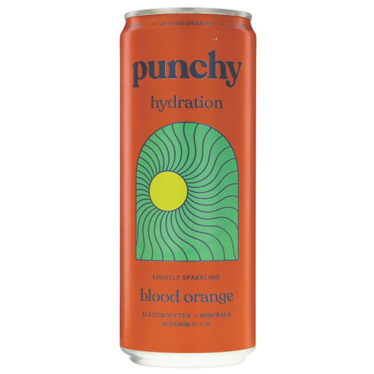 A single can of Punchy Hydration Blood Orange sparkling drink, featuring a bright orange label with a green wavy arch design and a yellow sun motif, on a plain white background.