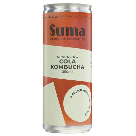 Suma sparkling cola kombucha can on a white background