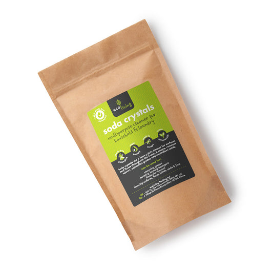 Kraft paper soda crystal package with a green label on a white background