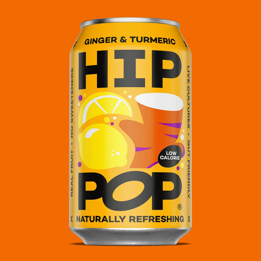 Can of Ginger & Turmeric HIP POP on an orange background
