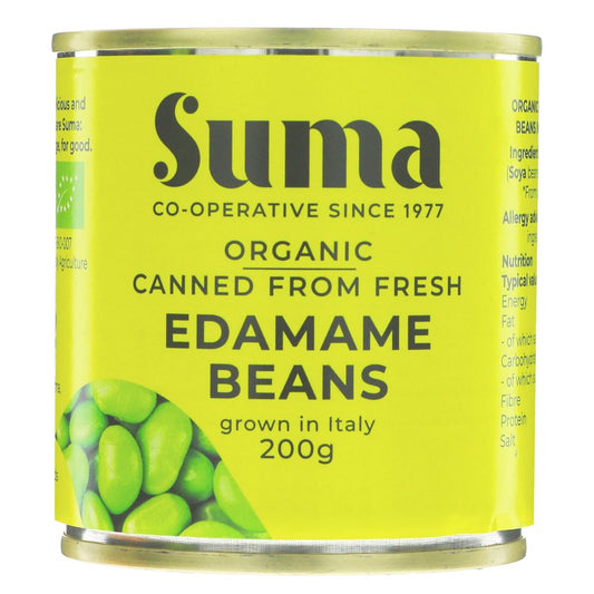 Can of Suma organic edamame beans with green label and image of beans.