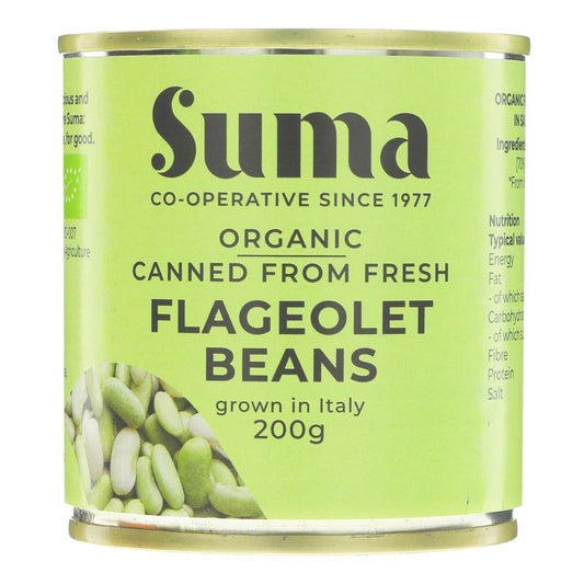 Can of Suma organic flageolet beans on a white background