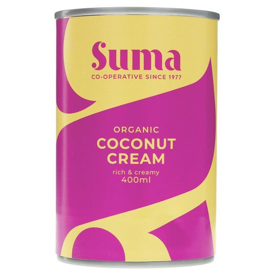 Can of Suma Organic Coconut Cream with pink and yellow design on a white background