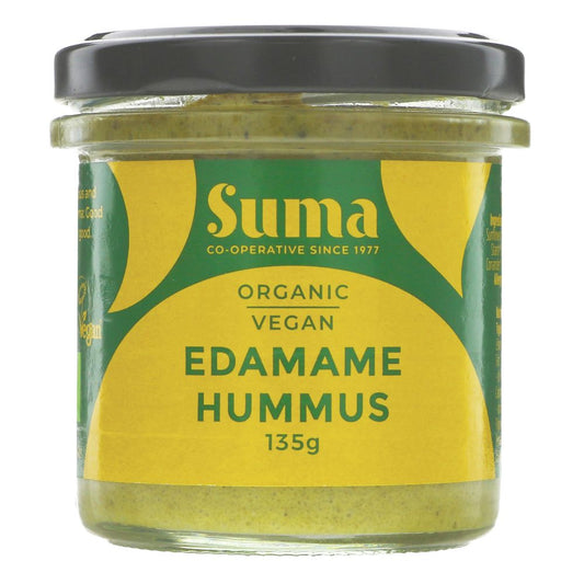 Jar of Suma Edamame Hummus on a white background