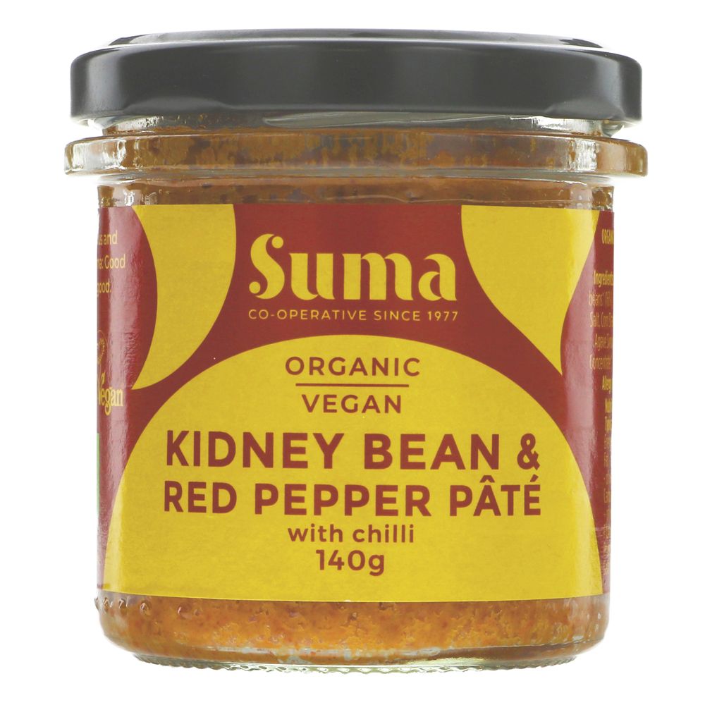 Jar of Suma Organic Vegan Kidney Bean & Red Pepper Páté with chili on a white background
