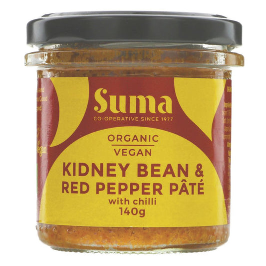 Jar of Suma Organic Vegan Kidney Bean & Red Pepper Páté with chili on a white background