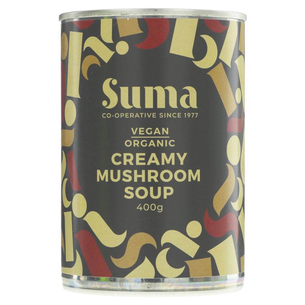 mushroom soup in a tin on a white background